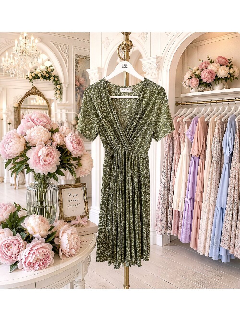 Pink & Flare Sage Green Dress with White Floral Print, size Small